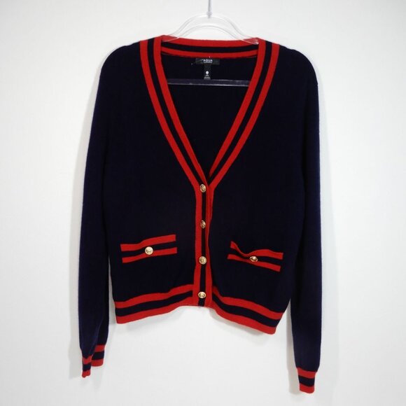 AQUA 100% Cashmere Stripe Trim Novelty Button Cardigan Sweater XXL Navy Red NEW - Picture 4 of 11
